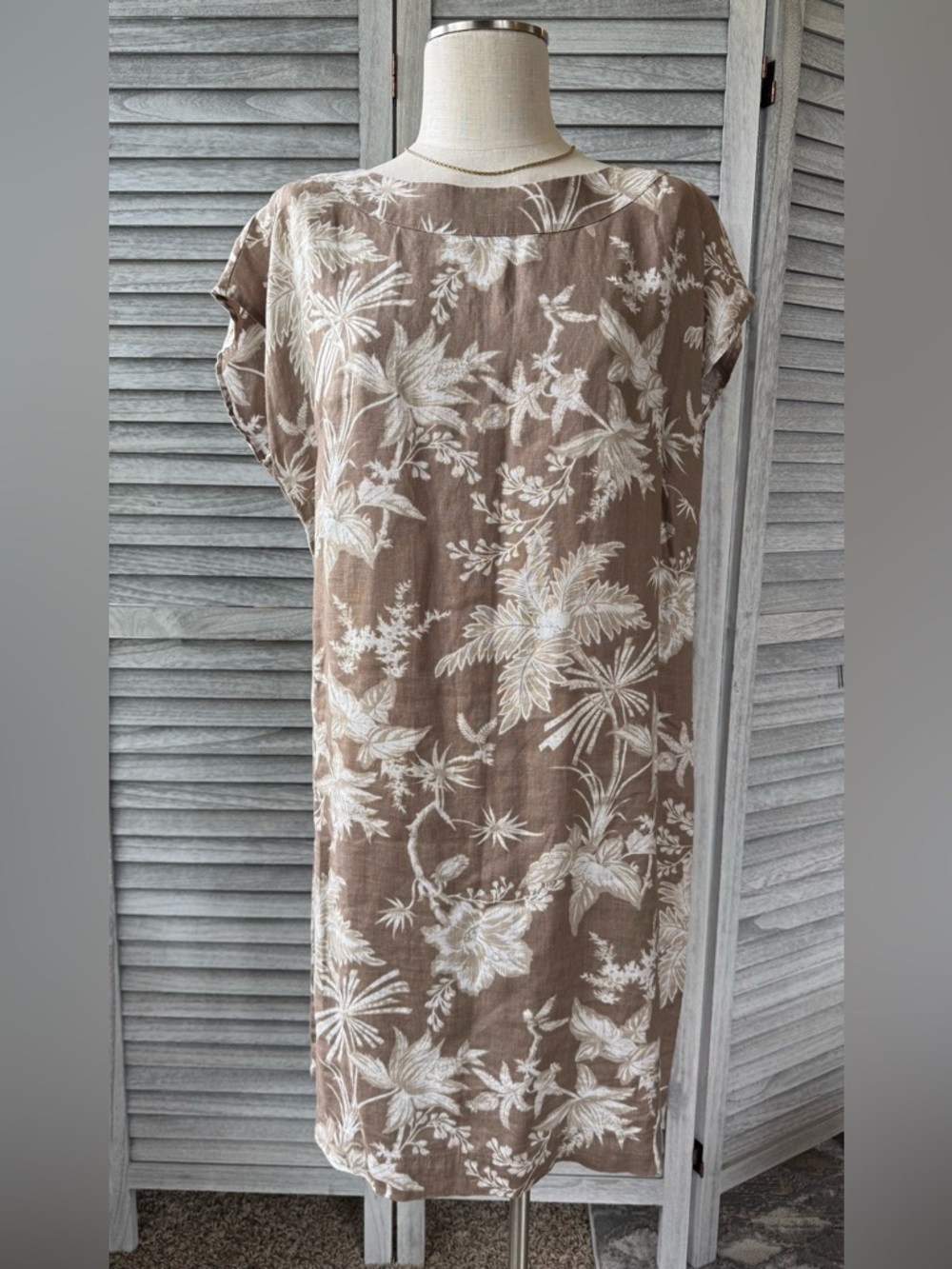 J. Jill Love Linen Midi Dress Brown Tropical Print with White Floral Design